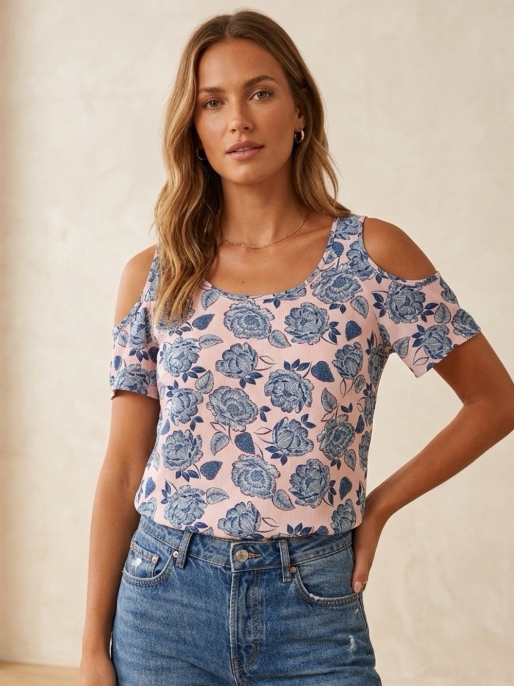 Kut from the Kloth Pink Cold-Shoulder Tunic with Blue Floral Print and Tie Back